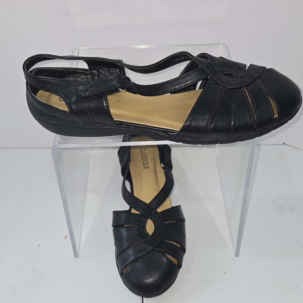 Classique Womens Black Strappy Caged Sandals Size 11M Low Wedge Comfort Shoes